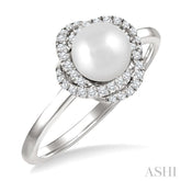 6 MM Cultured Pearl and 1/6 Ctw Single Cut Diamond Petite Fashion Ring in 10K White Gold